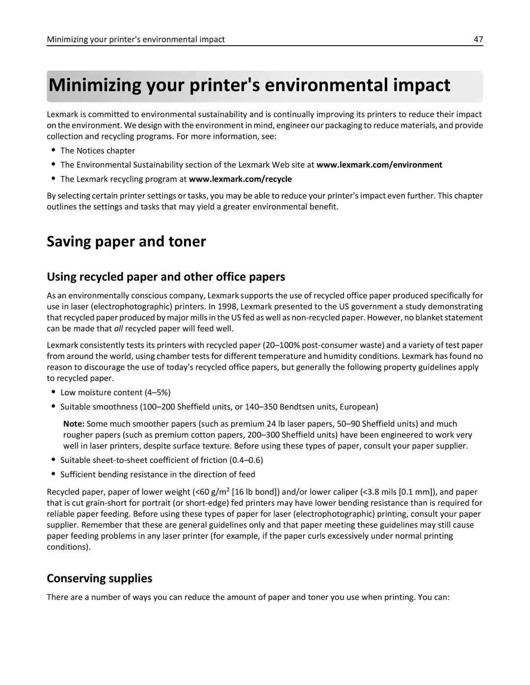 Lexmark 25A0591, C736 manual Minimizing your printers environmental impact, Saving paper and toner, Conserving supplies 