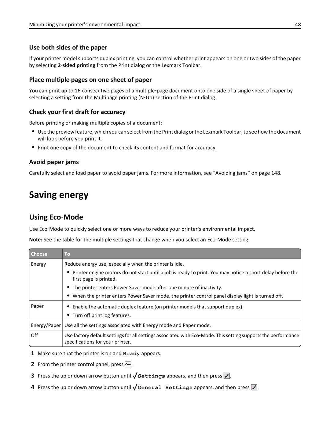 Lexmark C736, 25A0591 manual Saving energy, Using Eco‑Mode 