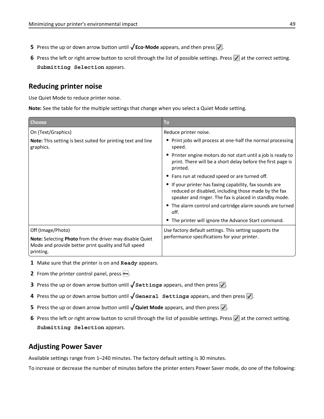 Lexmark 25A0591, C736 manual Reducing printer noise, Adjusting Power Saver, Use Quiet Mode to reduce printer noise 