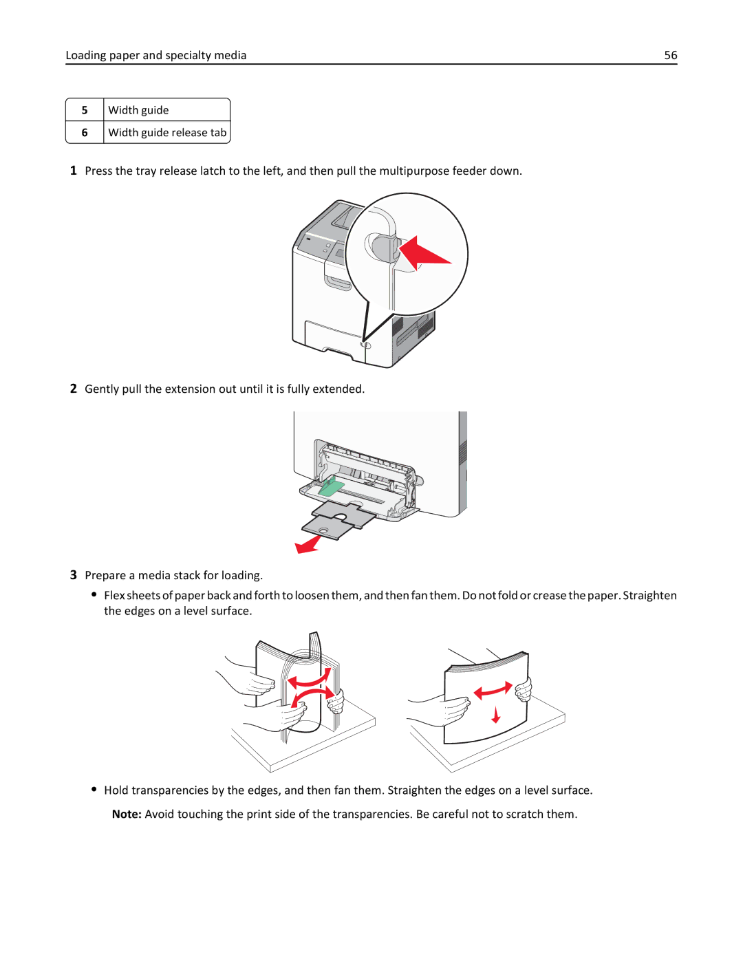 Lexmark C736, 25A0591 manual Loading paper and specialty media, Width guide Width guide release tab 