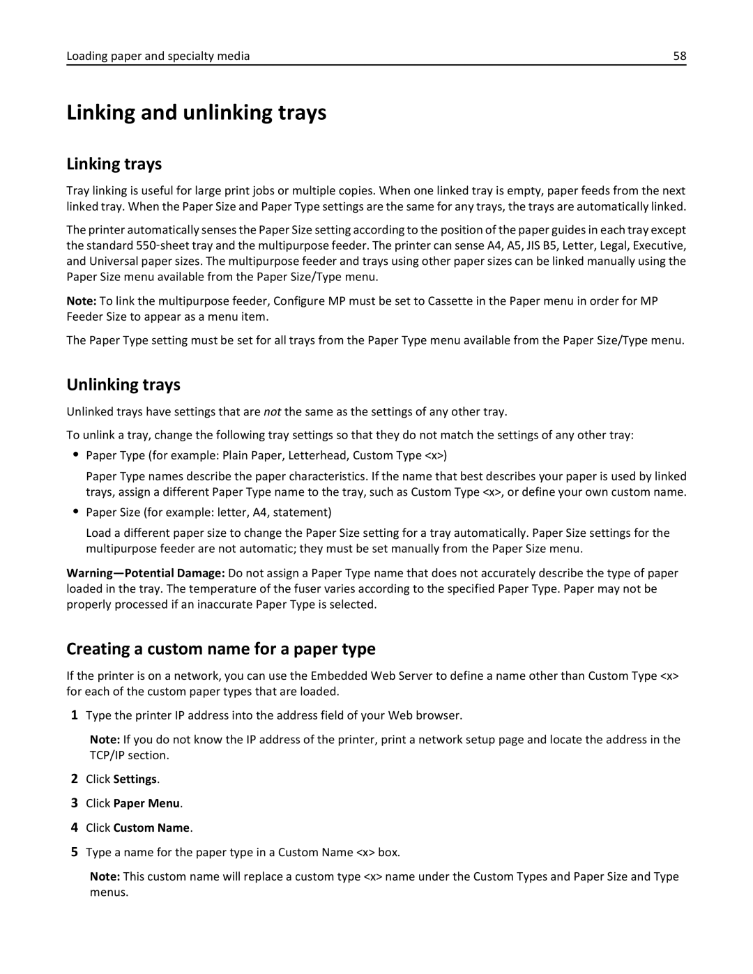 Lexmark C736, 25A0591 Linking and unlinking trays, Linking trays, Unlinking trays, Creating a custom name for a paper type 