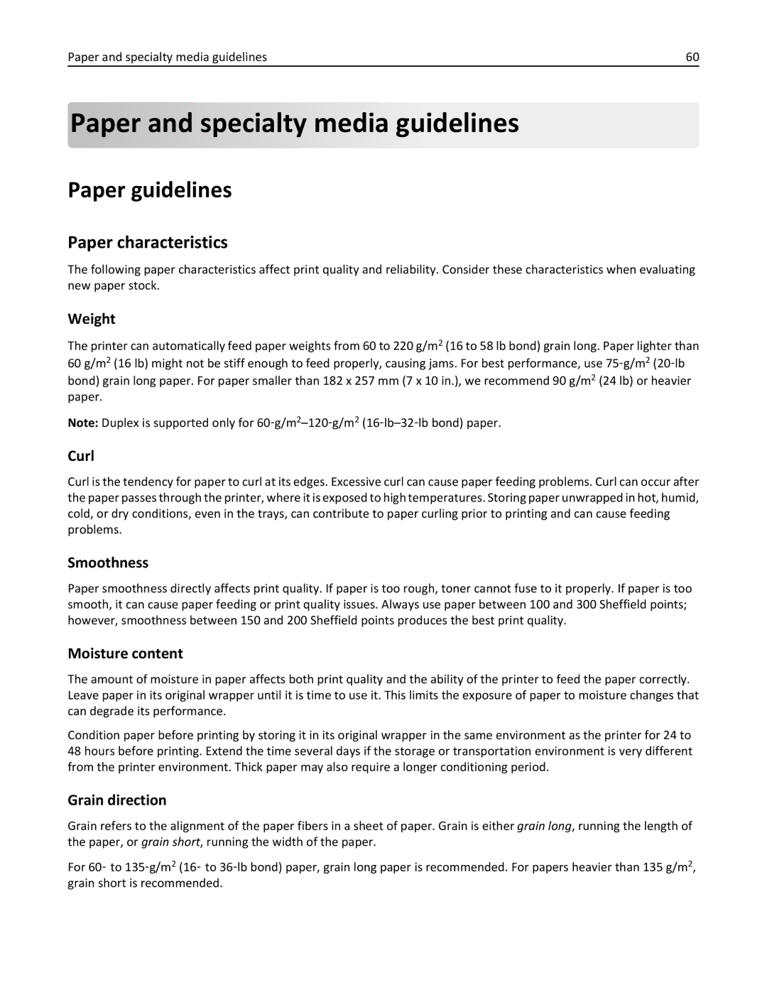 Lexmark C736, 25A0591 manual Paper and specialty media guidelines, Paper guidelines, Paper characteristics 