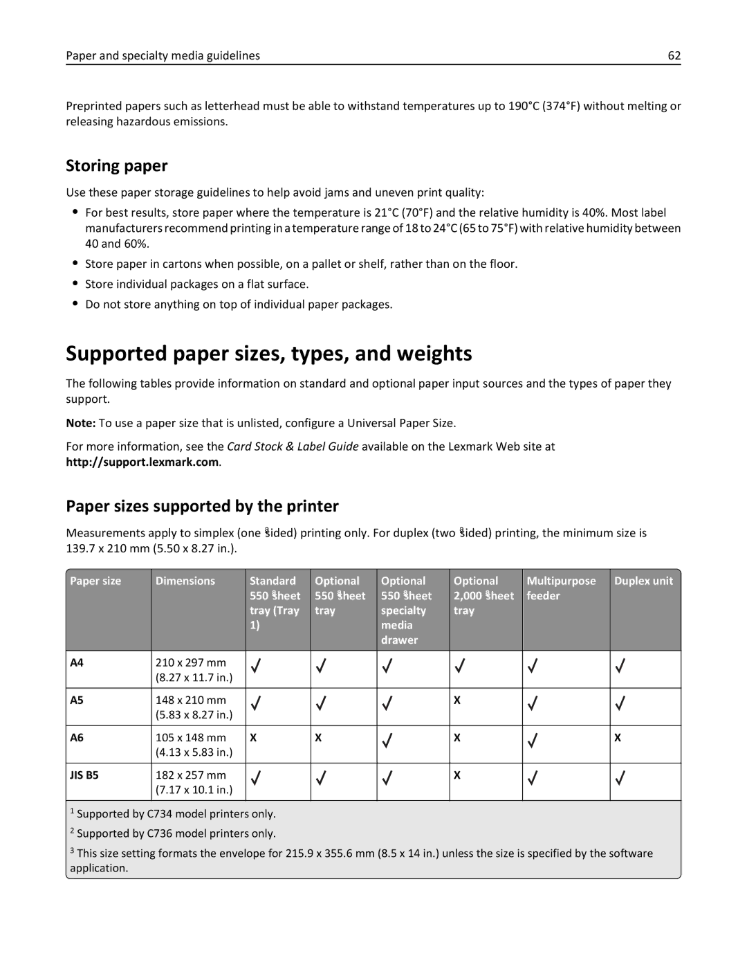 Lexmark C736, 25A0591 manual Supported paper sizes, types, and weights, Storing paper, Paper sizes supported by the printer 