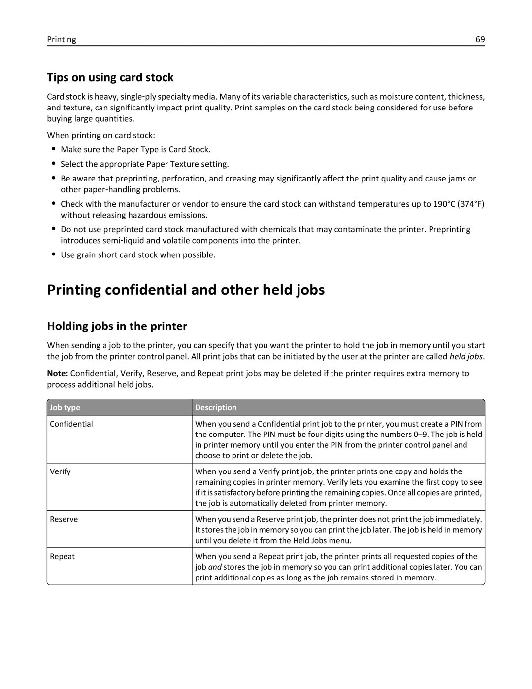 Lexmark 25A0591, C736 Printing confidential and other held jobs, Tips on using card stock, Holding jobs in the printer 