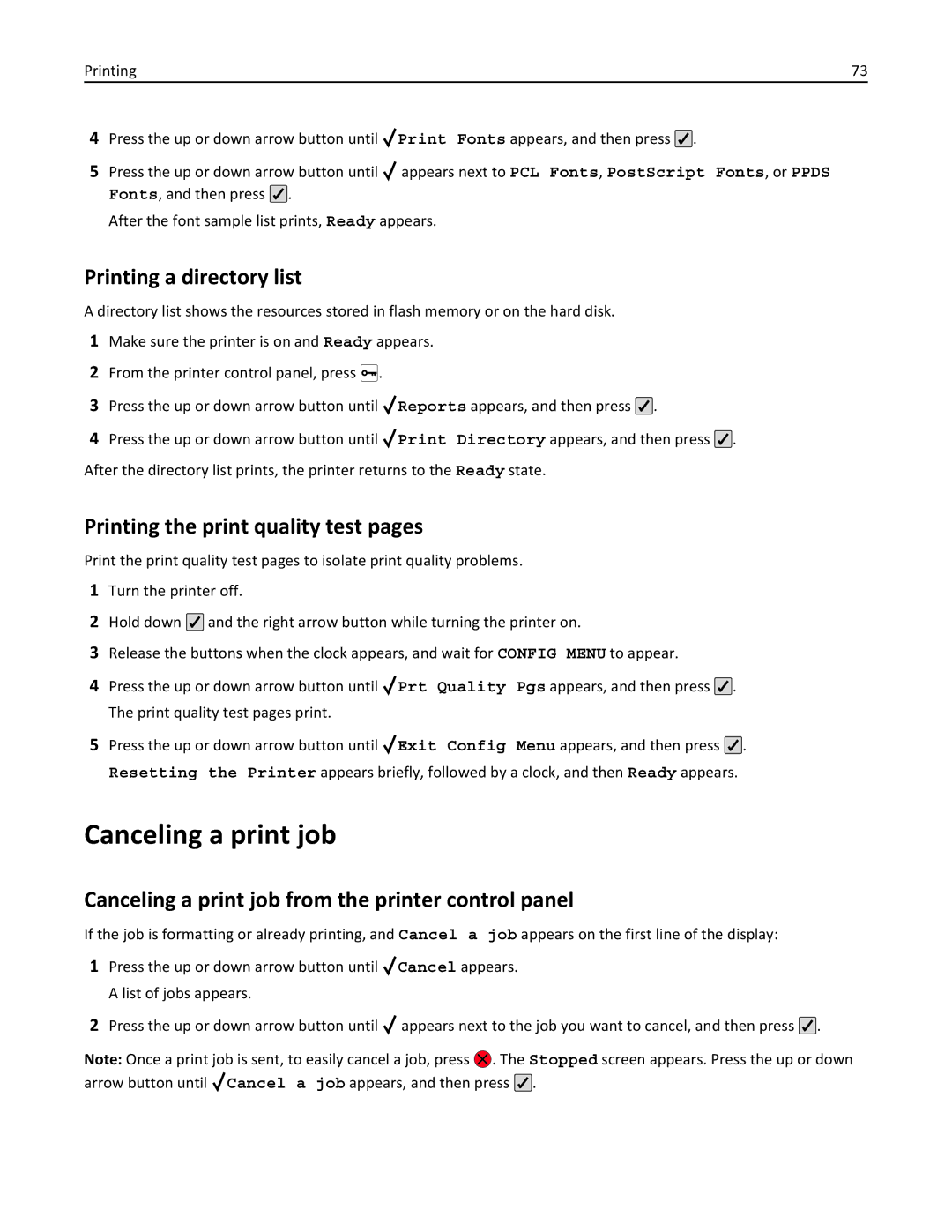 Lexmark 25A0591, C736 manual Canceling a print job, Printing a directory list, Printing the print quality test pages 