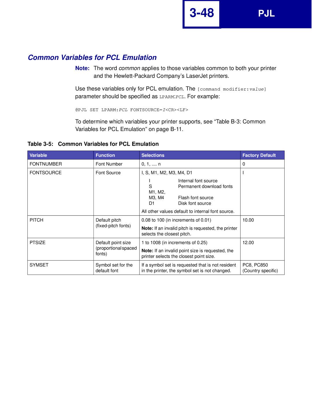 Lexmark C762, C760 manual Common Variables for PCL Emulation 