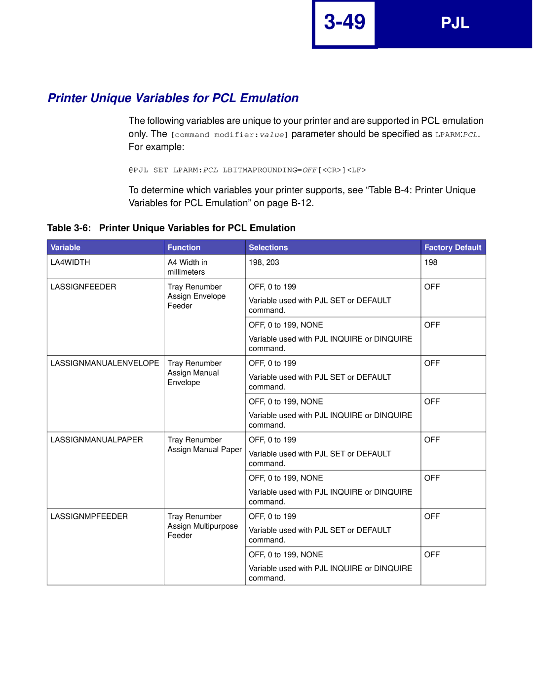 Lexmark C760, C762 manual Printer Unique Variables for PCL Emulation 