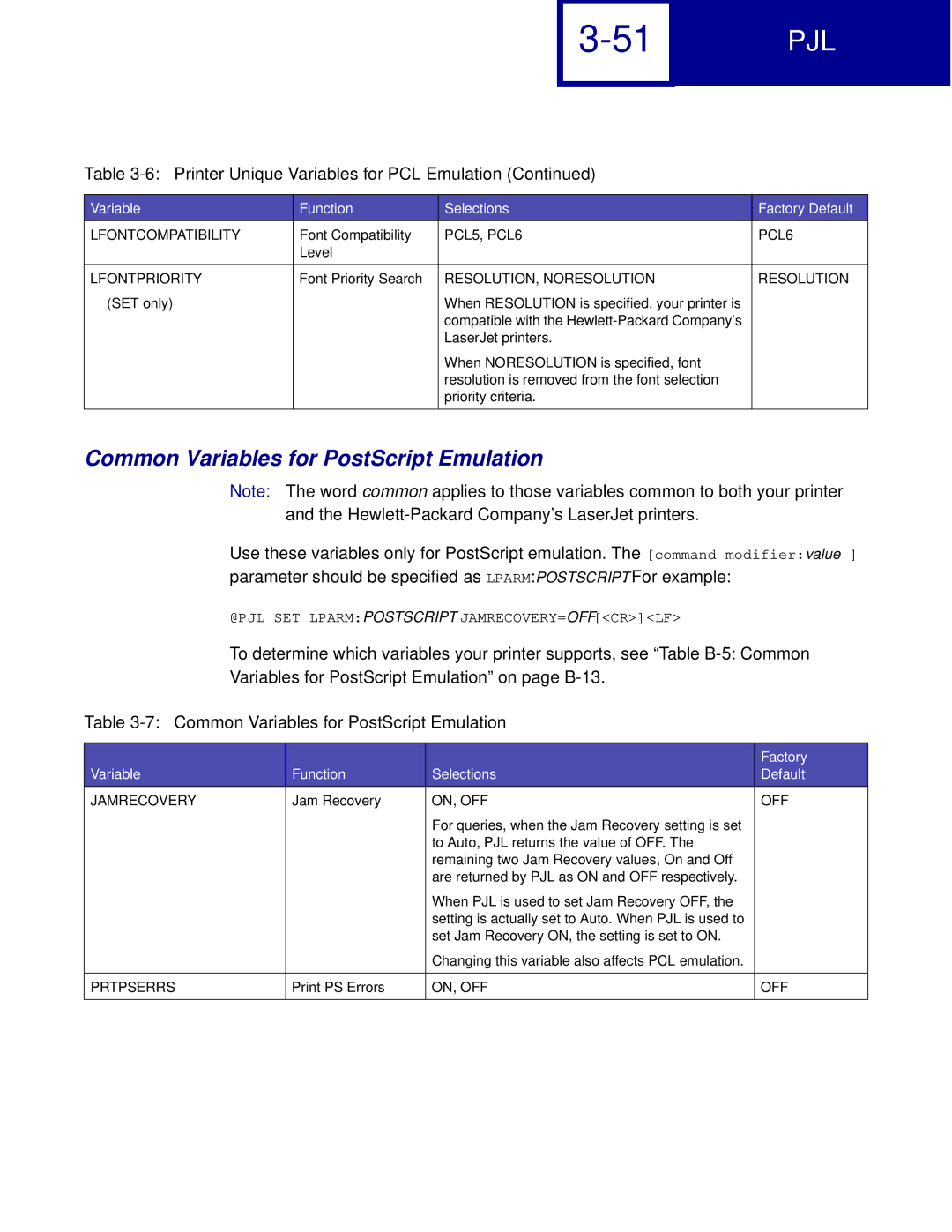 Lexmark C760, C762 manual Common Variables for PostScript Emulation, Factory, Variable Function Selections Default 