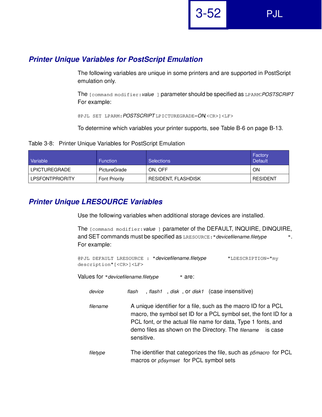 Lexmark C762, C760 manual Printer Unique Variables for PostScript Emulation, Printer Unique Lresource Variables 