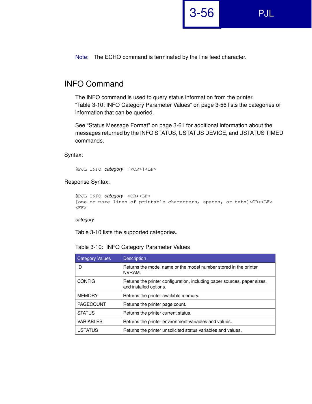 Lexmark C762, C760 manual Info Command, Info Category Parameter Values, Category Values Description 