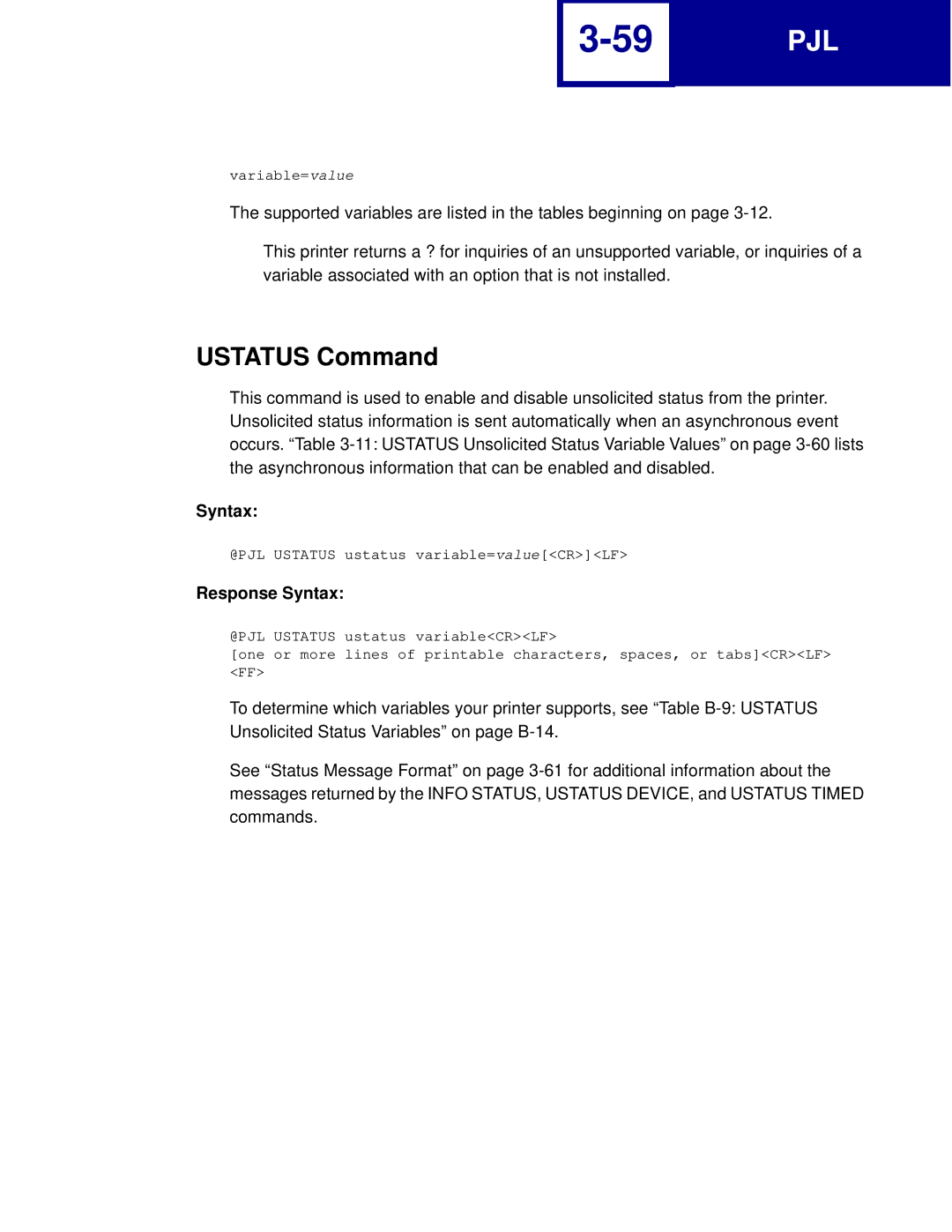 Lexmark C760, C762 manual Ustatus Command 