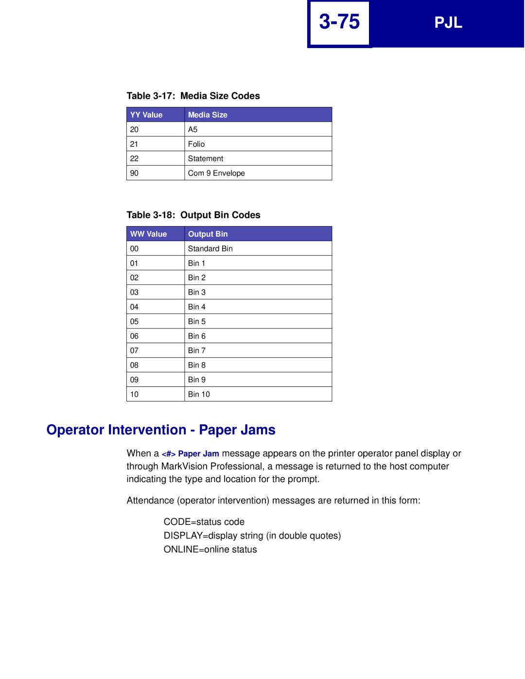 Lexmark C760, C762 manual Operator Intervention Paper Jams, Output Bin Codes, WW Value Output Bin 