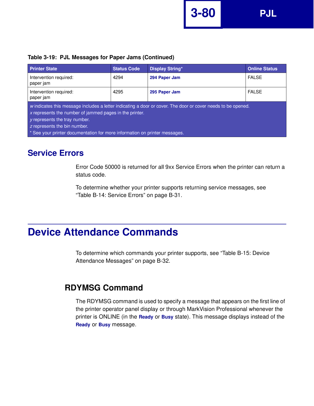 Lexmark C762, C760 manual Device Attendance Commands, Service Errors, Rdymsg Command 