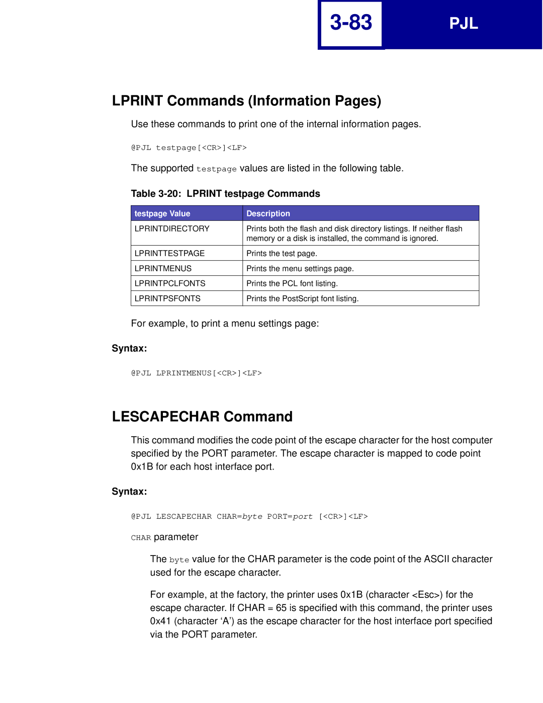 Lexmark C760 Lprint Commands Information Pages, Lescapechar Command, Lprint testpage Commands, Testpage Value Description 