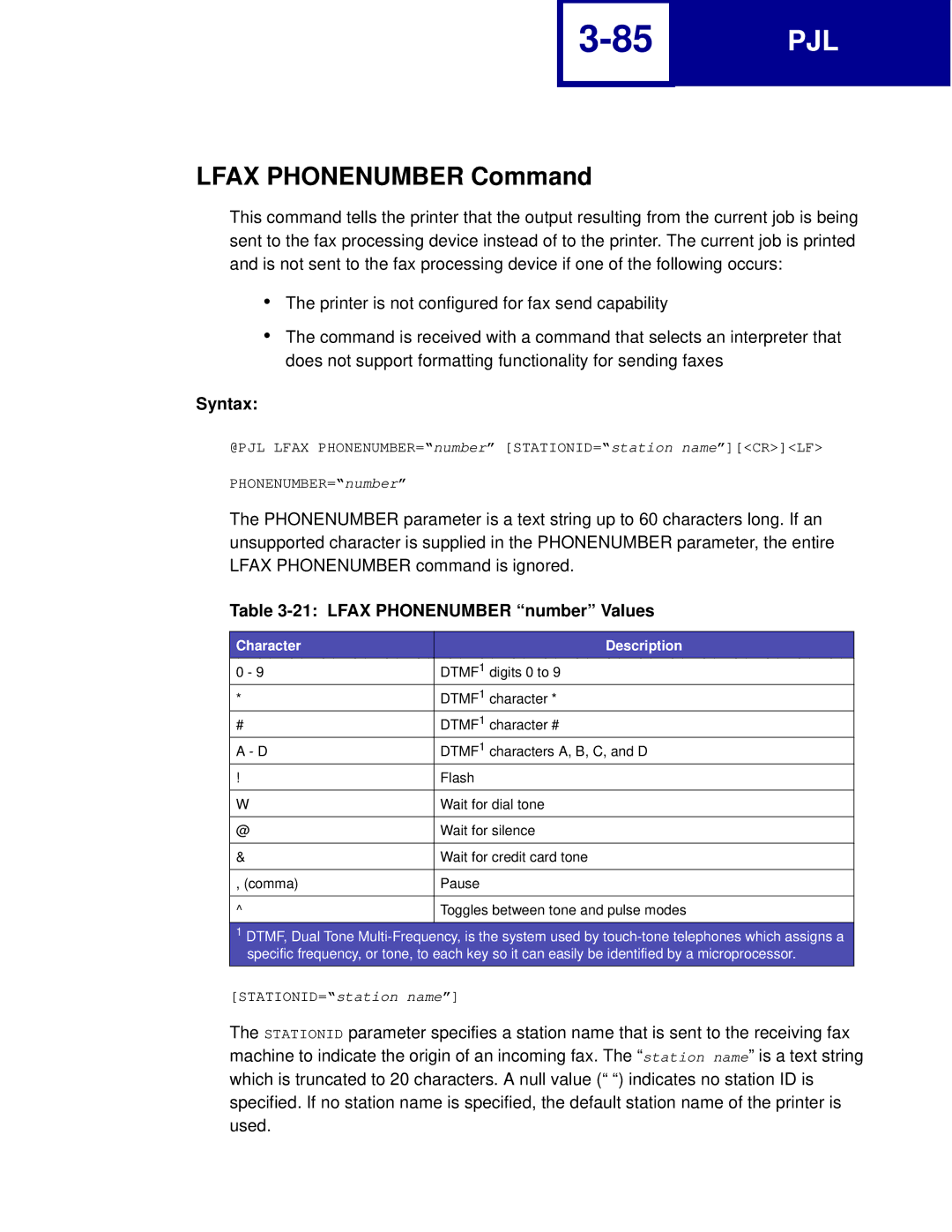 Lexmark C760, C762 manual Lfax Phonenumber Command, Lfax Phonenumber number Values, Character Description 