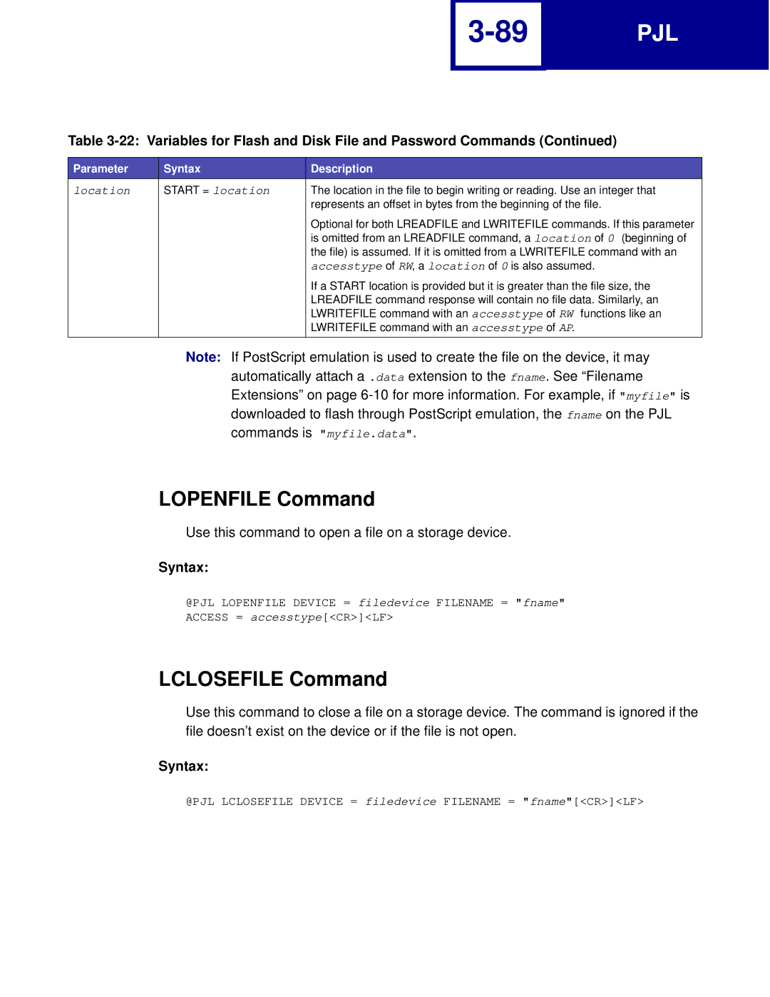 Lexmark C760, C762 manual Lopenfile Command, Lclosefile Command 