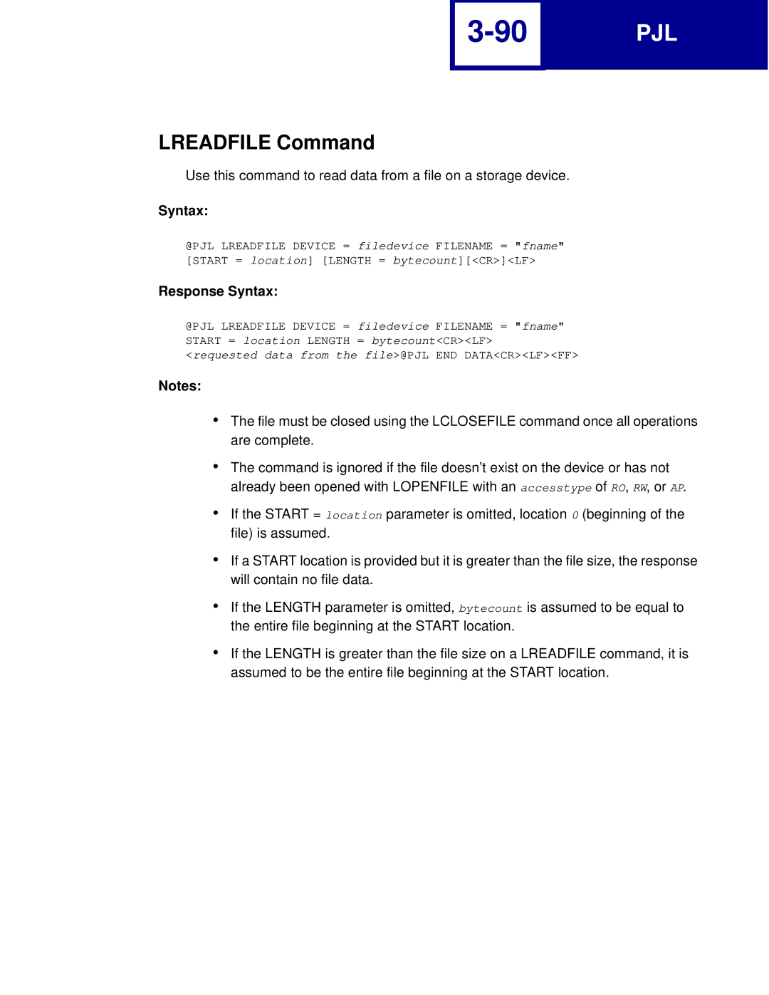 Lexmark C762, C760 manual Lreadfile Command, Response Syntax 