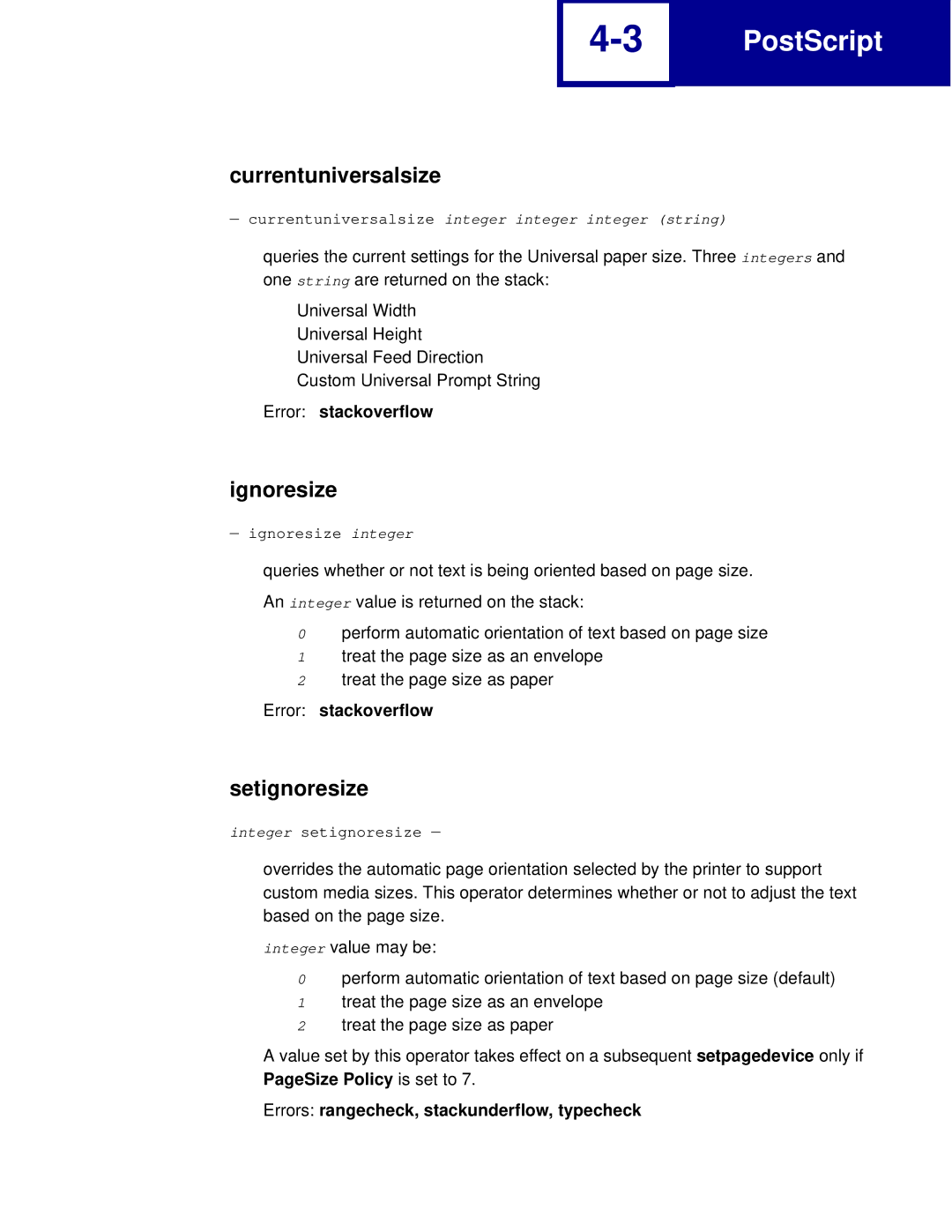 Lexmark C760, C762 manual Currentuniversalsize, Ignoresize, Setignoresize, Error stackoverflow 