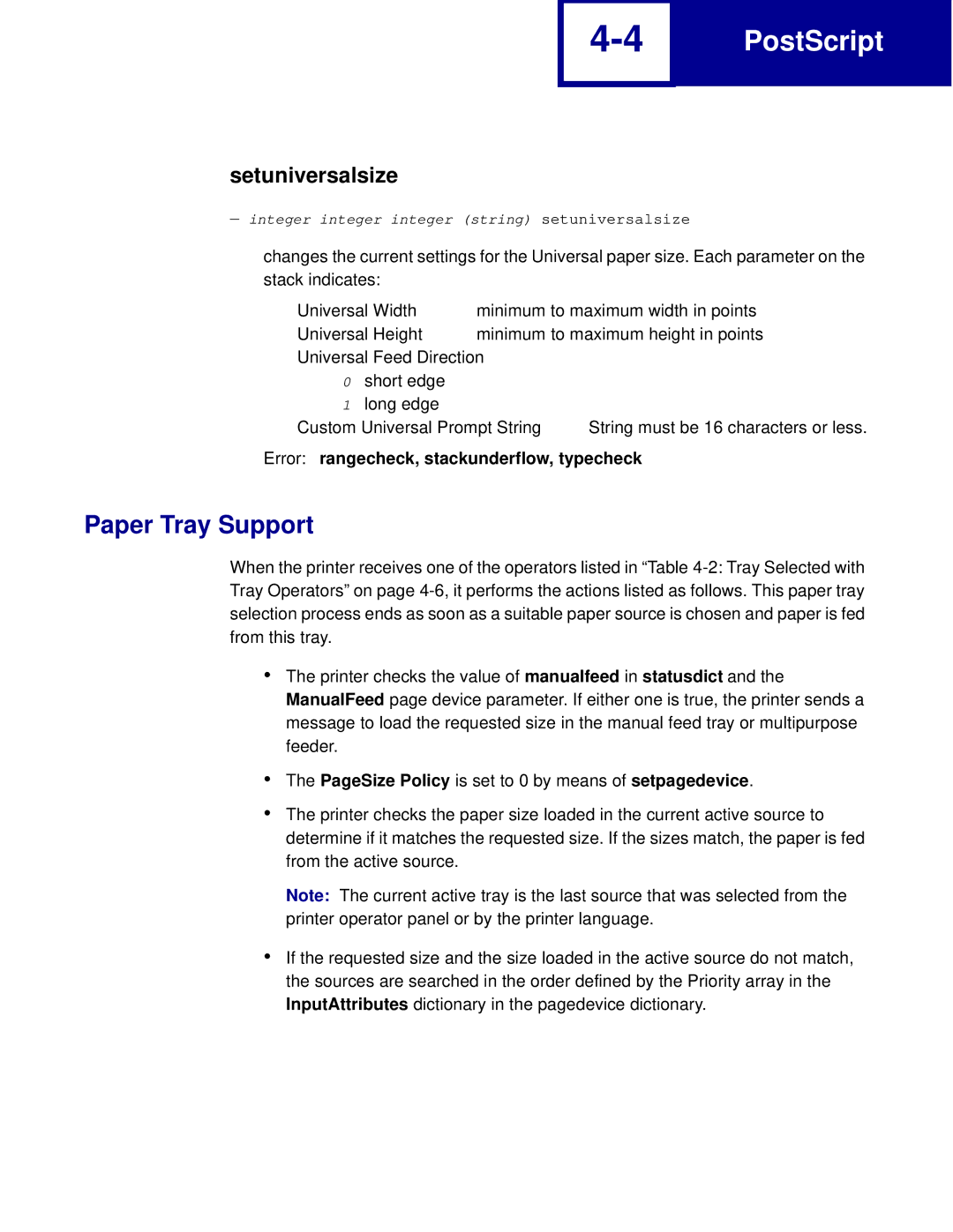 Lexmark C762, C760 manual Paper Tray Support, Setuniversalsize, Error rangecheck, stackunderflow, typecheck 