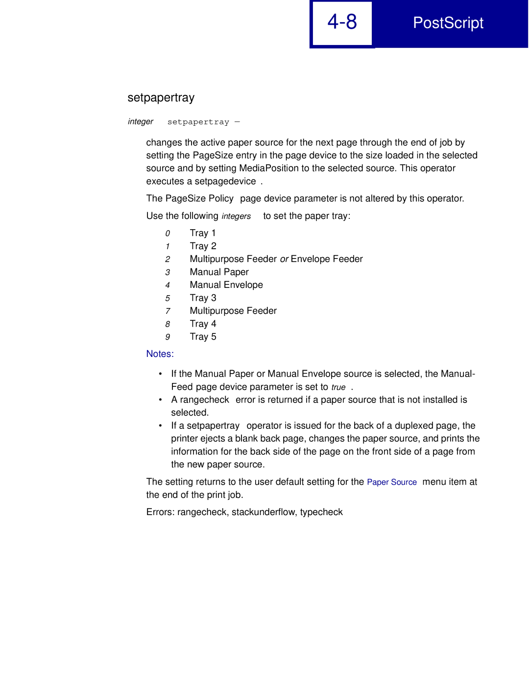 Lexmark C762, C760 manual Setpapertray, Errors rangecheck, stackunderflow, typecheck 