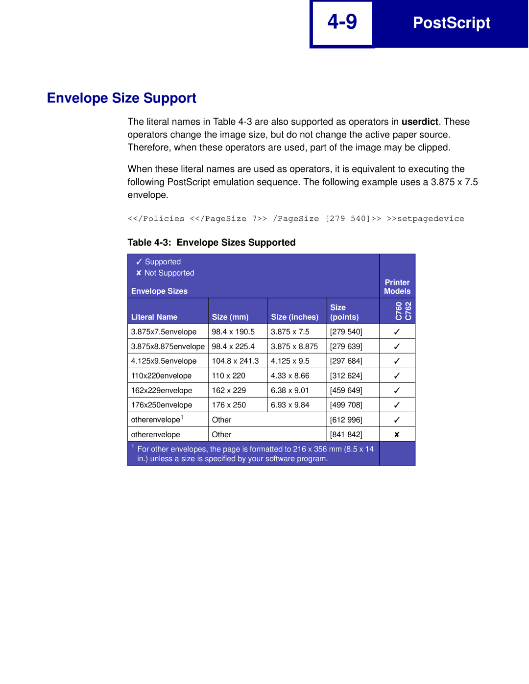 Lexmark manual Envelope Size Support, Envelope Sizes Supported, Size C760 C762 Literal Name Size mm Size inches Points 