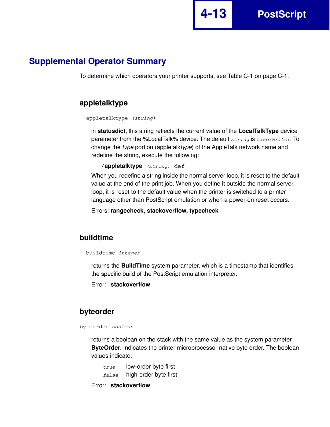 Lexmark C760, C762 manual Supplemental Operator Summary, Appletalktype, Buildtime, Byteorder 