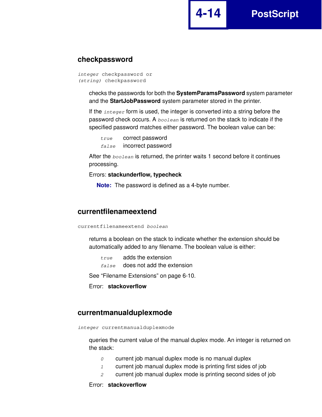 Lexmark C762, C760 Checkpassword, Currentfilenameextend, Currentmanualduplexmode, Errors stackunderflow, typecheck 