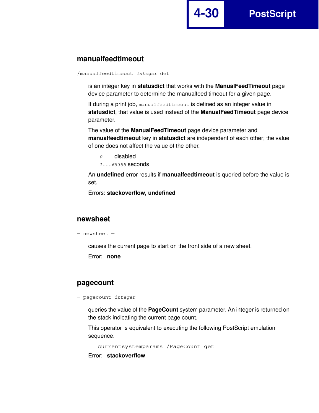 Lexmark C762, C760 manual Manualfeedtimeout, Newsheet, Pagecount, Errors stackoverflow, undefined 