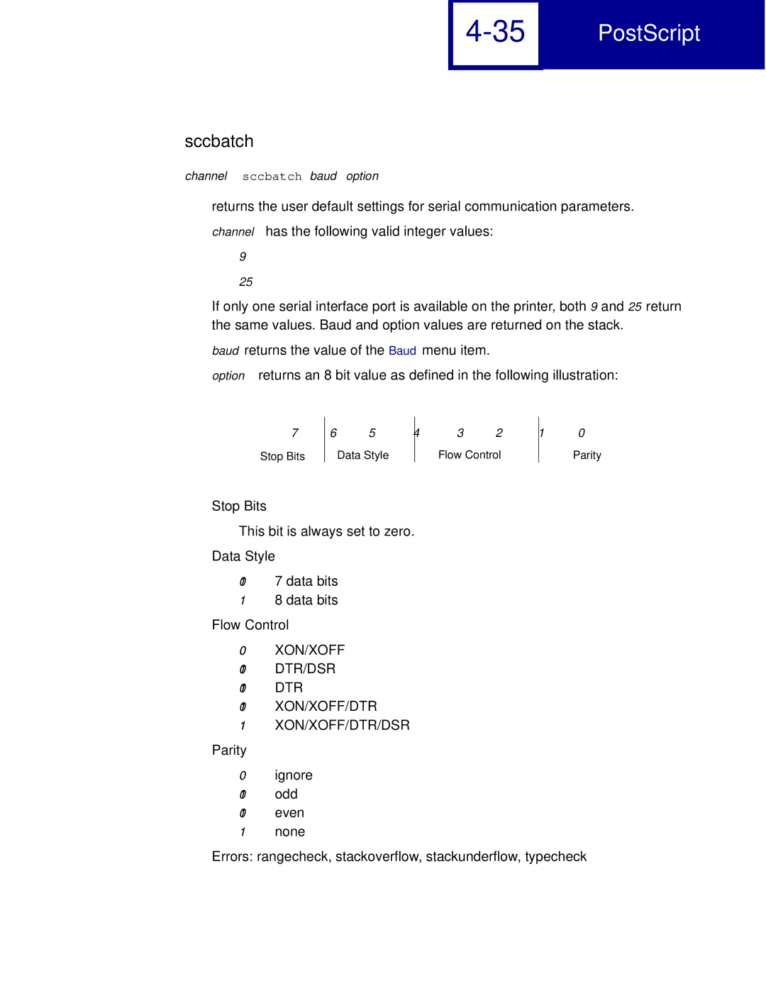 Lexmark C760, C762 manual Sccbatch, Errors rangecheck, stackoverflow, stackunderflow, typecheck 