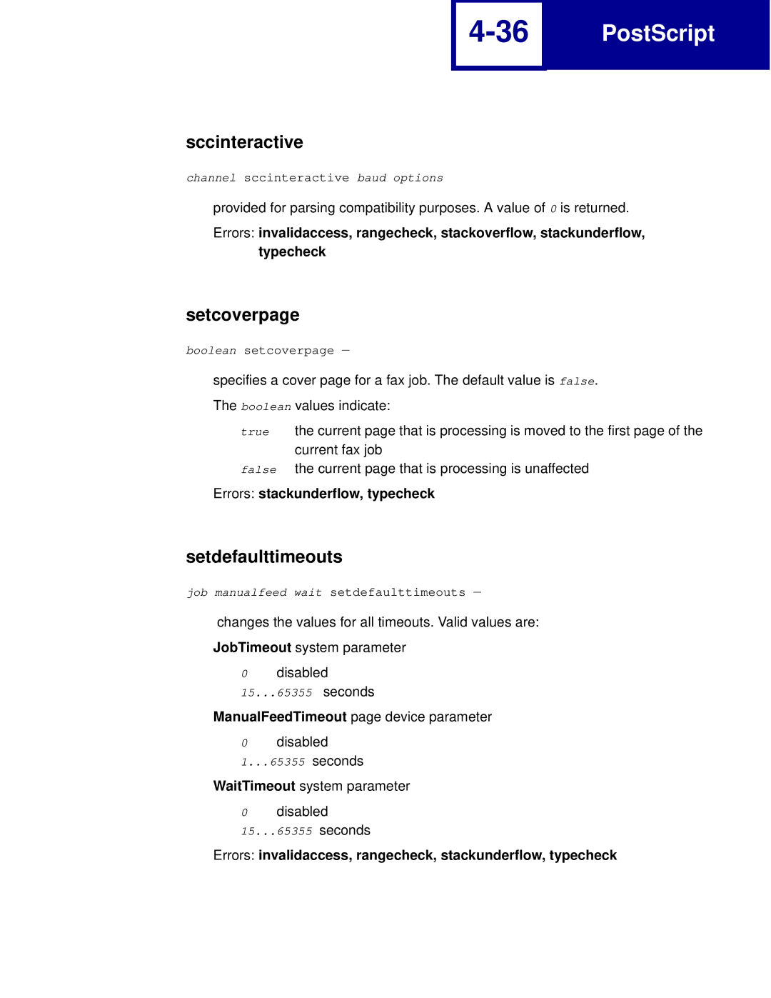 Lexmark C762 Sccinteractive, Setcoverpage, Setdefaulttimeouts, Errors invalidaccess, rangecheck, stackunderflow, typecheck 