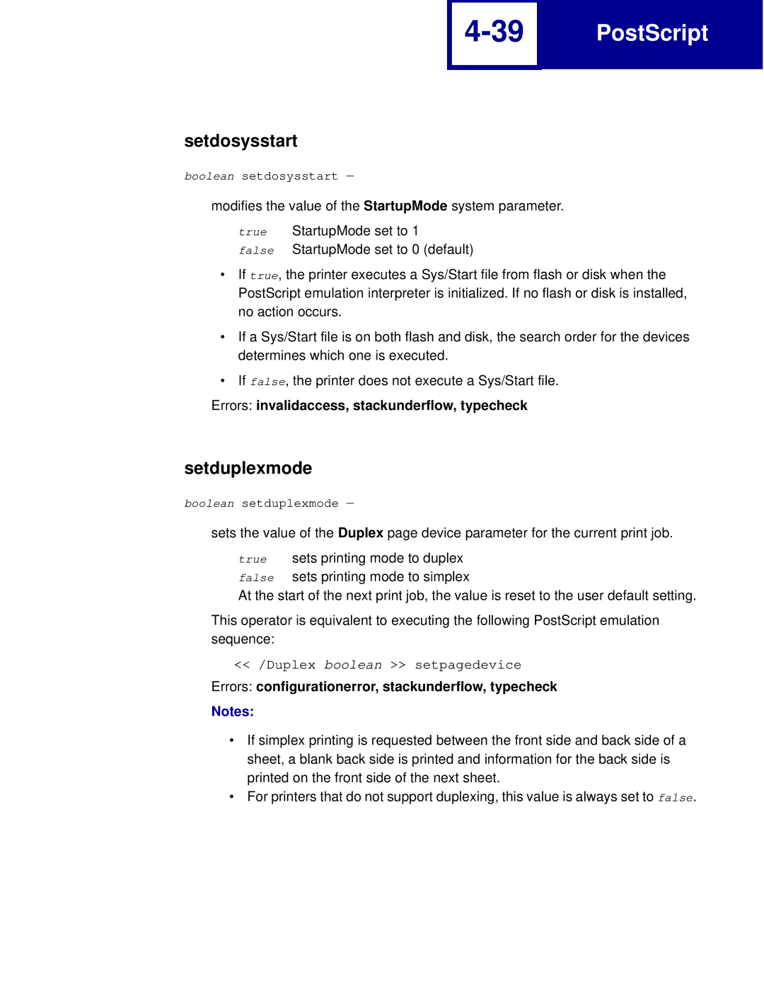 Lexmark C760, C762 manual Setdosysstart, Setduplexmode, Errors configurationerror, stackunderflow, typecheck 