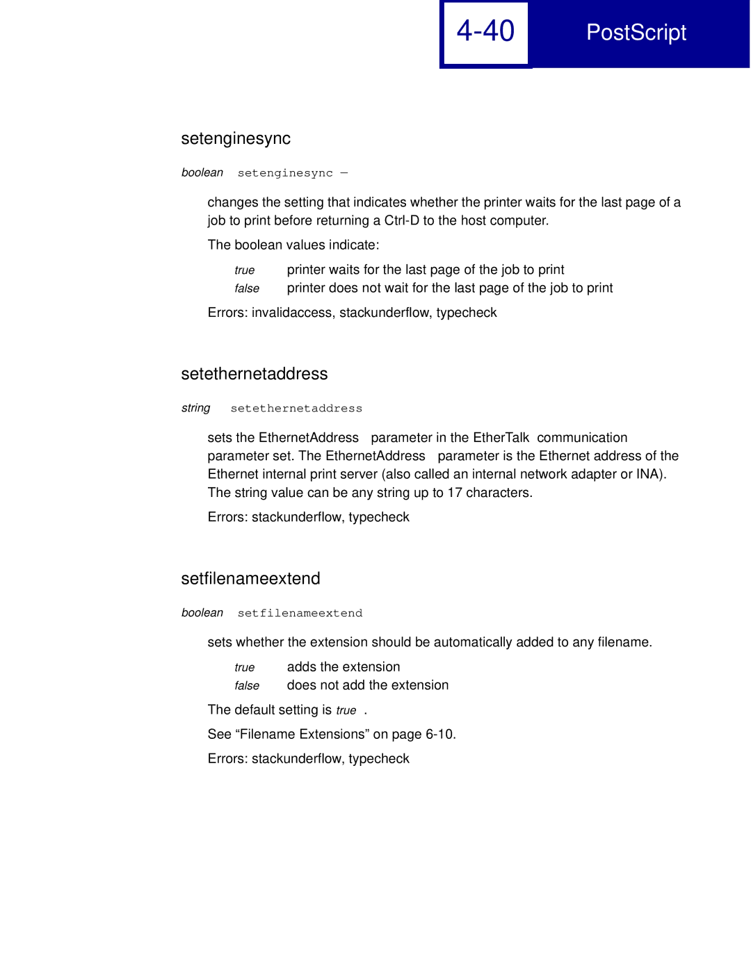 Lexmark C762, C760 manual Setenginesync, Setethernetaddress, Setfilenameextend 