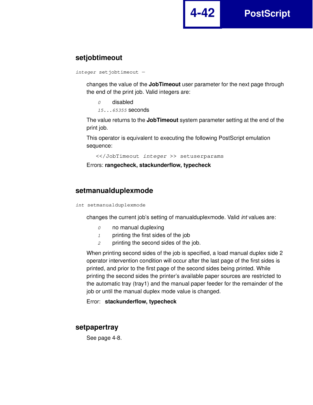 Lexmark C762, C760 Setjobtimeout, Setmanualduplexmode, Error stackunderflow, typecheck 