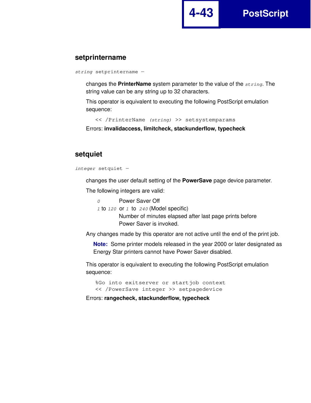 Lexmark C760, C762 manual Setprintername, Setquiet, Errors invalidaccess, limitcheck, stackunderflow, typecheck 