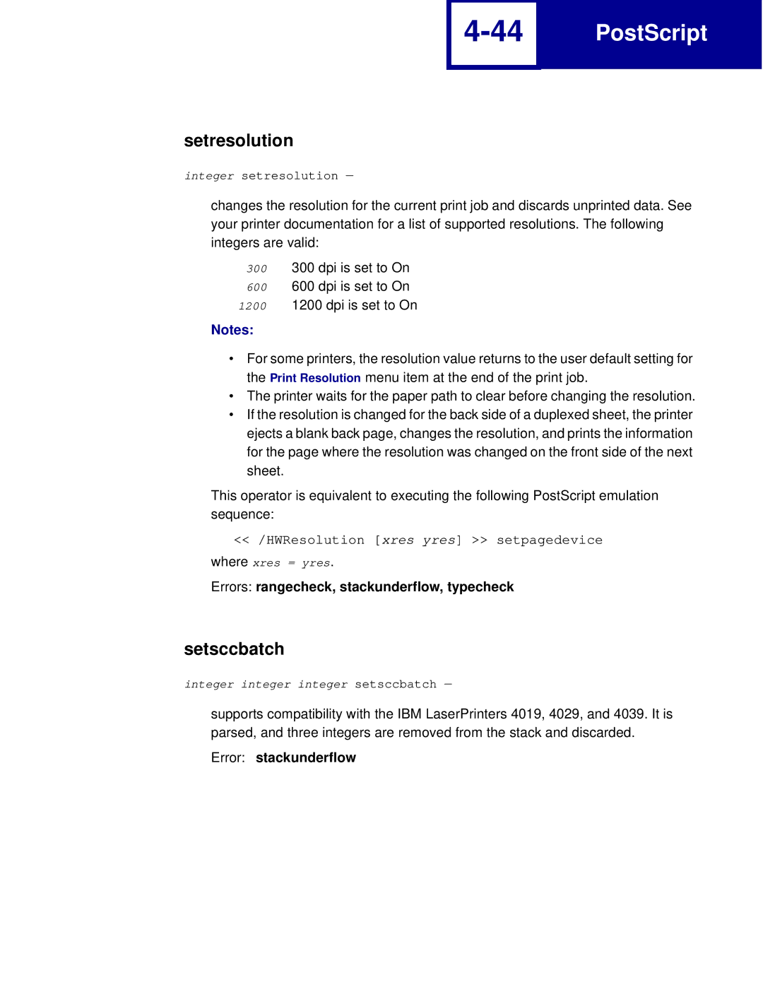 Lexmark C762, C760 manual Setresolution, Setsccbatch, Error stackunderflow 