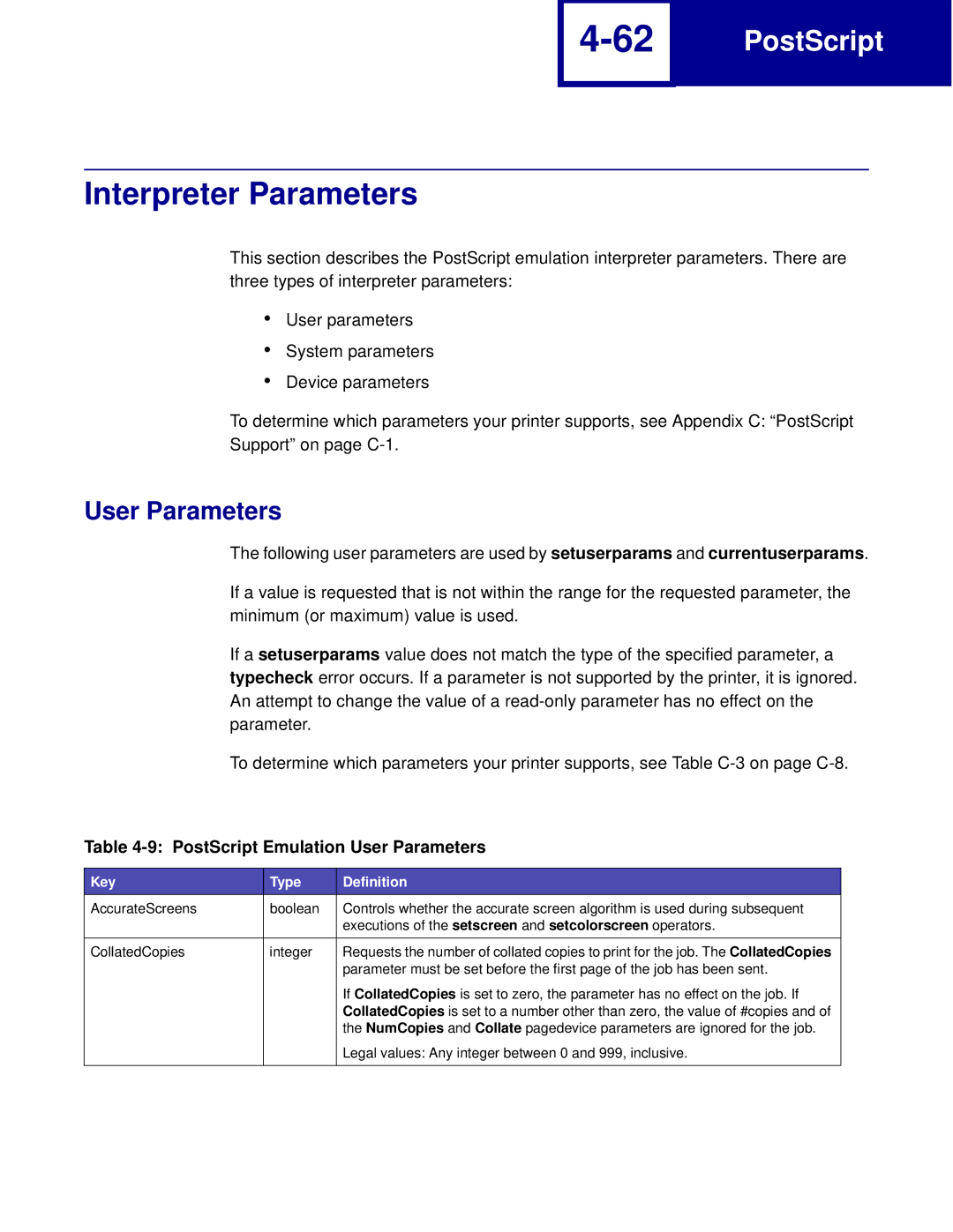 Lexmark C762, C760 manual Interpreter Parameters, PostScript Emulation User Parameters 