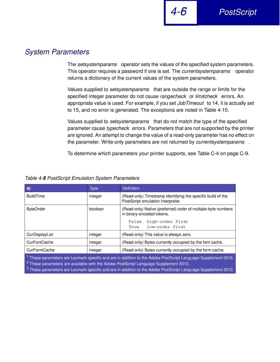 Lexmark C760, C762 manual PostScript Emulation System Parameters 