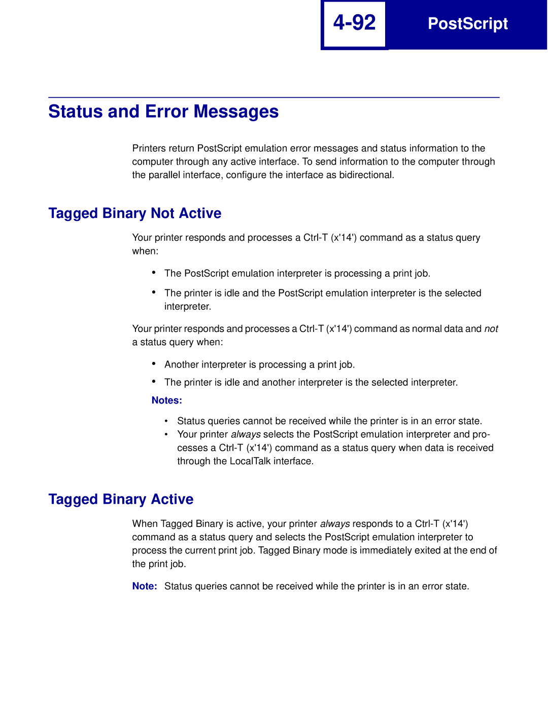 Lexmark C762, C760 manual Status and Error Messages, Tagged Binary Not Active, Tagged Binary Active 