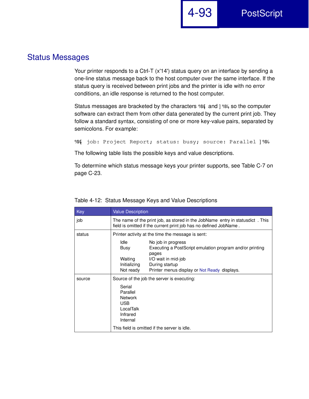 Lexmark C760, C762 manual Status Messages, Status Message Keys and Value Descriptions, Key Value Description, Usb 