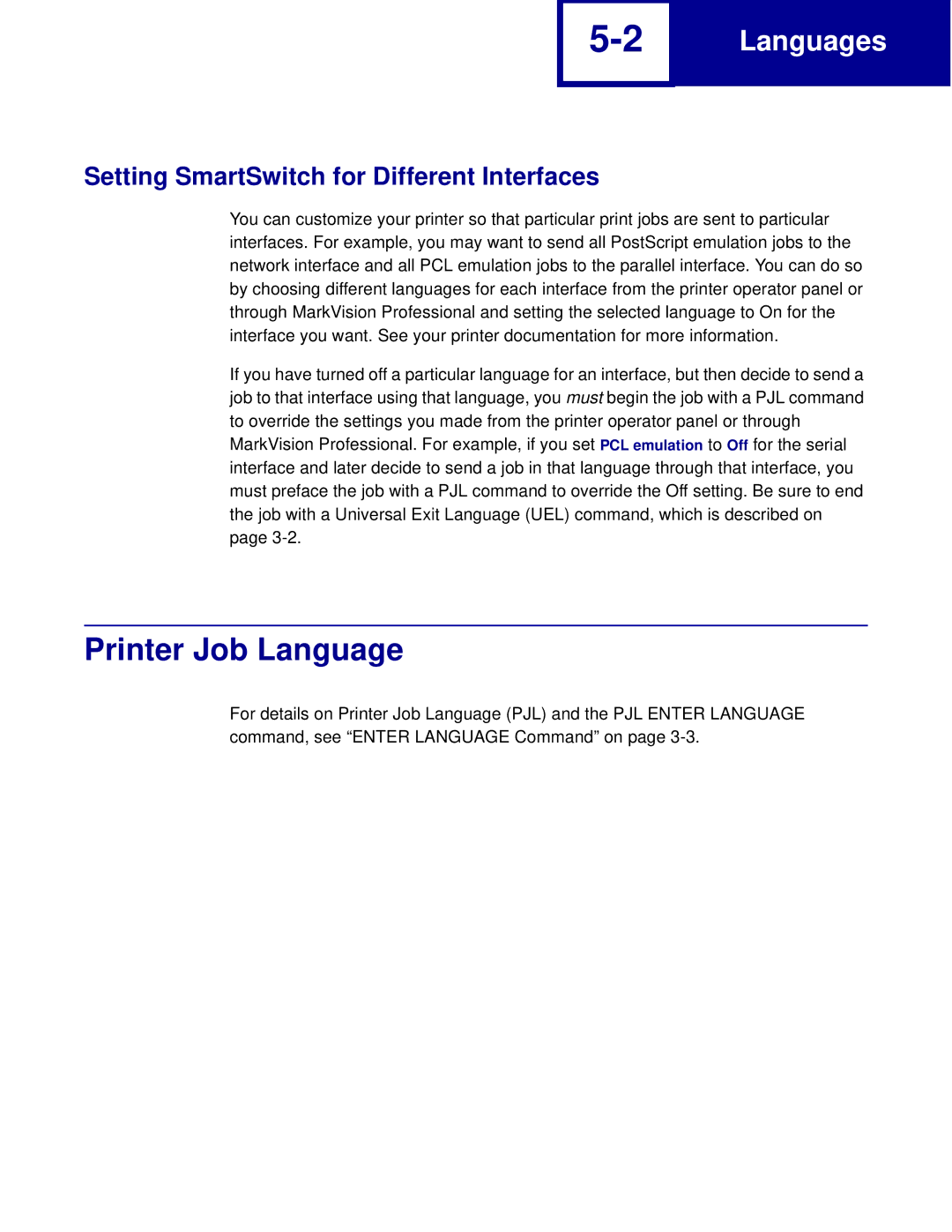 Lexmark C760, C762 manual Printer Job Language, Setting SmartSwitch for Different Interfaces 