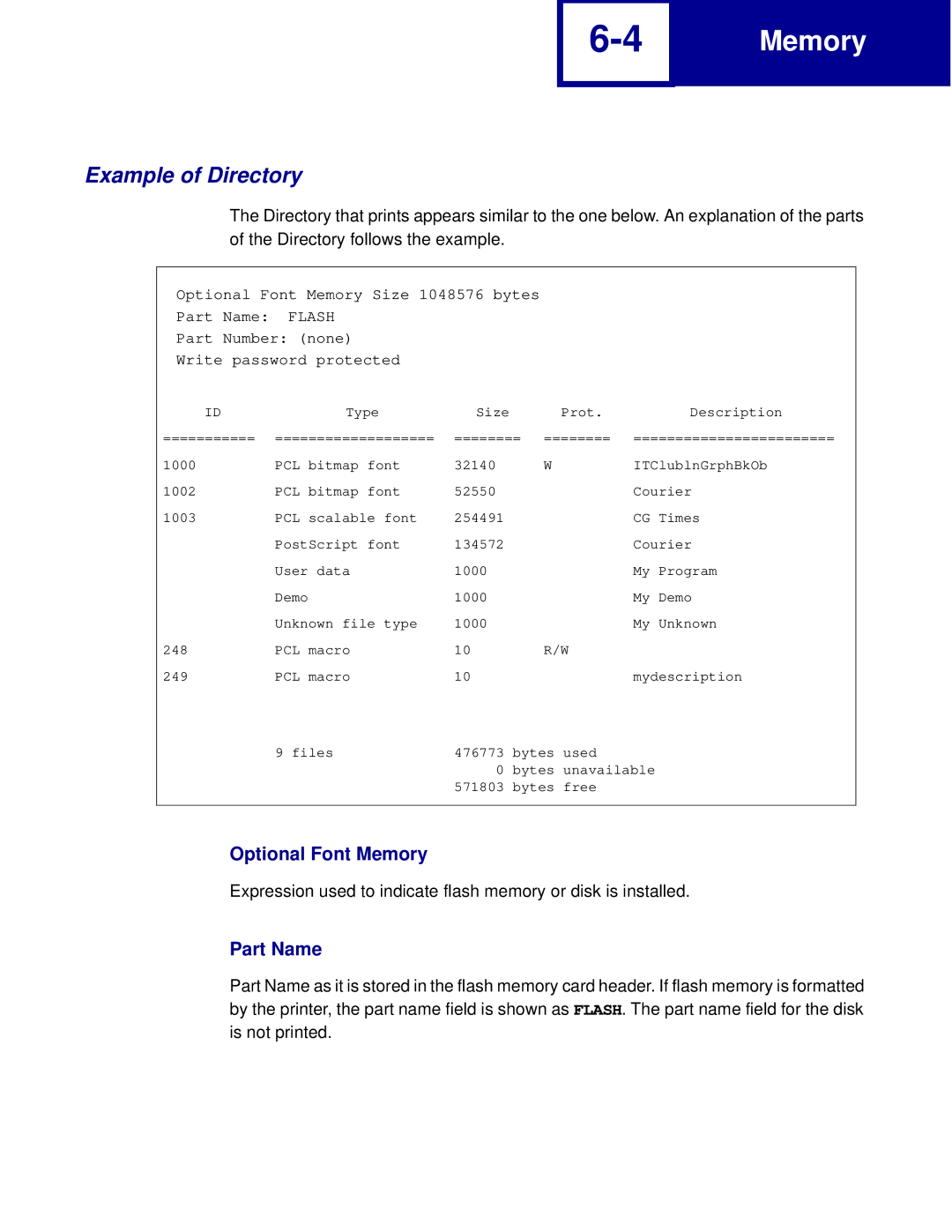 Lexmark C762, C760 manual Example of Directory, Part Name 