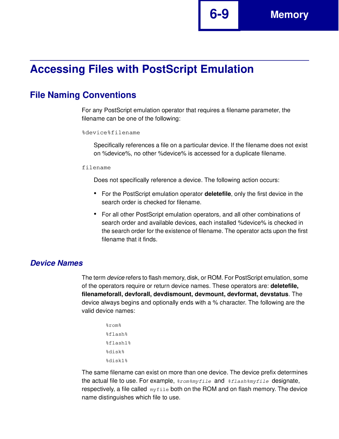 Lexmark C760, C762 manual Accessing Files with PostScript Emulation, File Naming Conventions, Device Names 