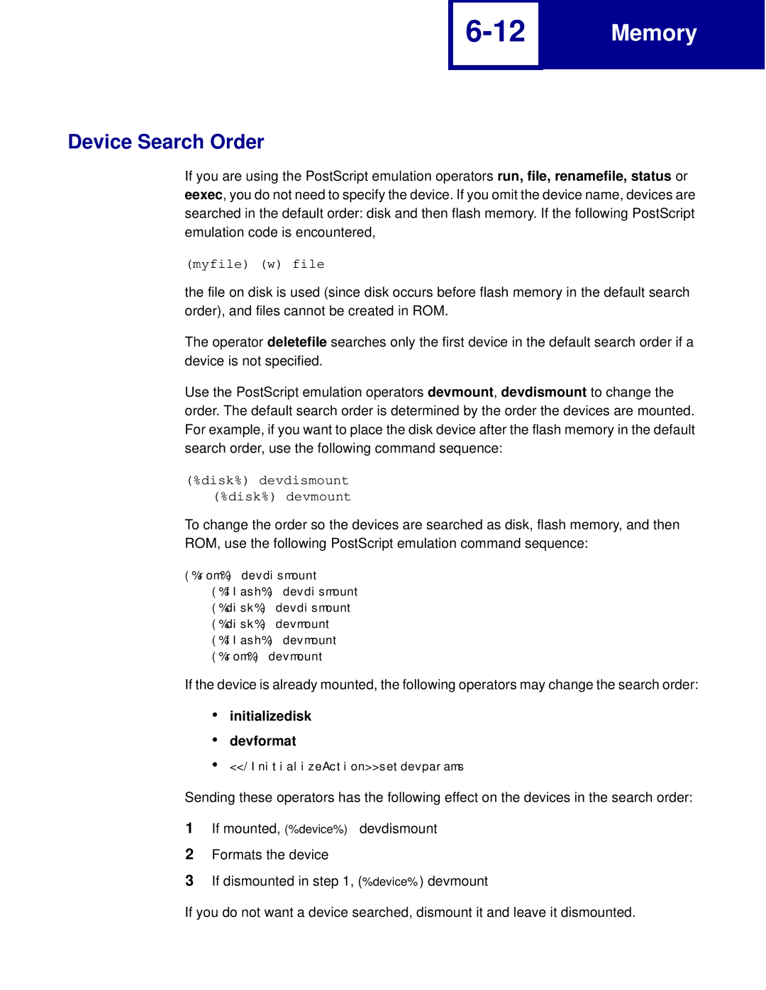 Lexmark C762, C760 manual Device Search Order, Initializedisk Devformat 