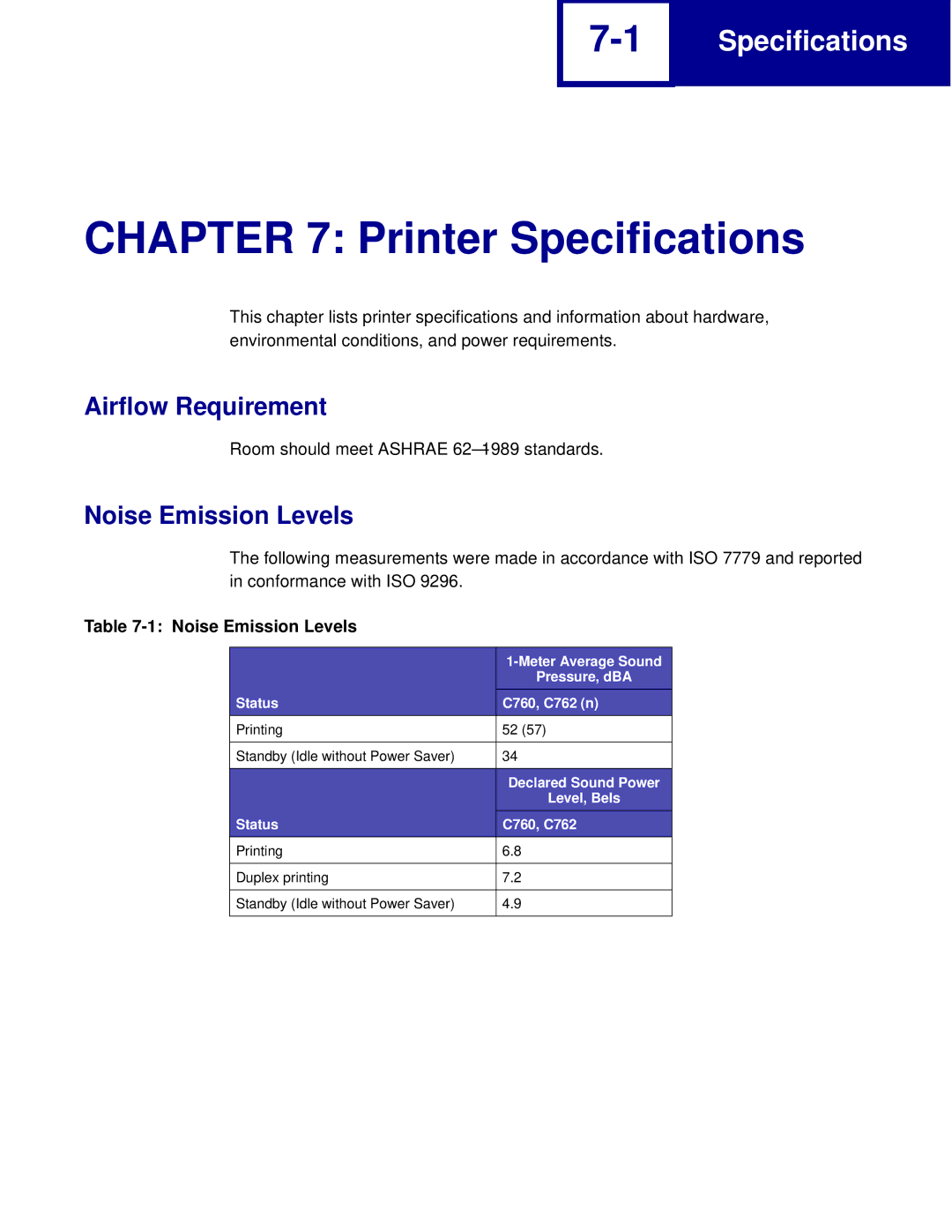 Lexmark C762, C760 manual Airflow Requirement, Noise Emission Levels 