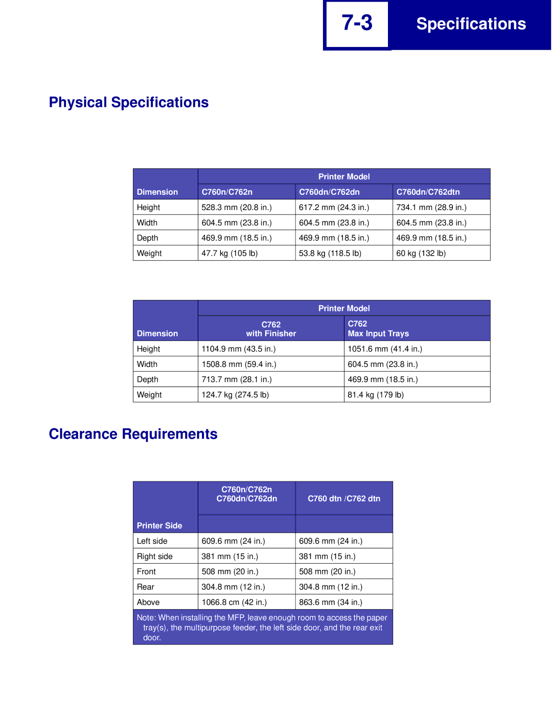 Lexmark Physical Specifications, Clearance Requirements, Printer Model, C762 Dimension With Finisher Max Input Trays 