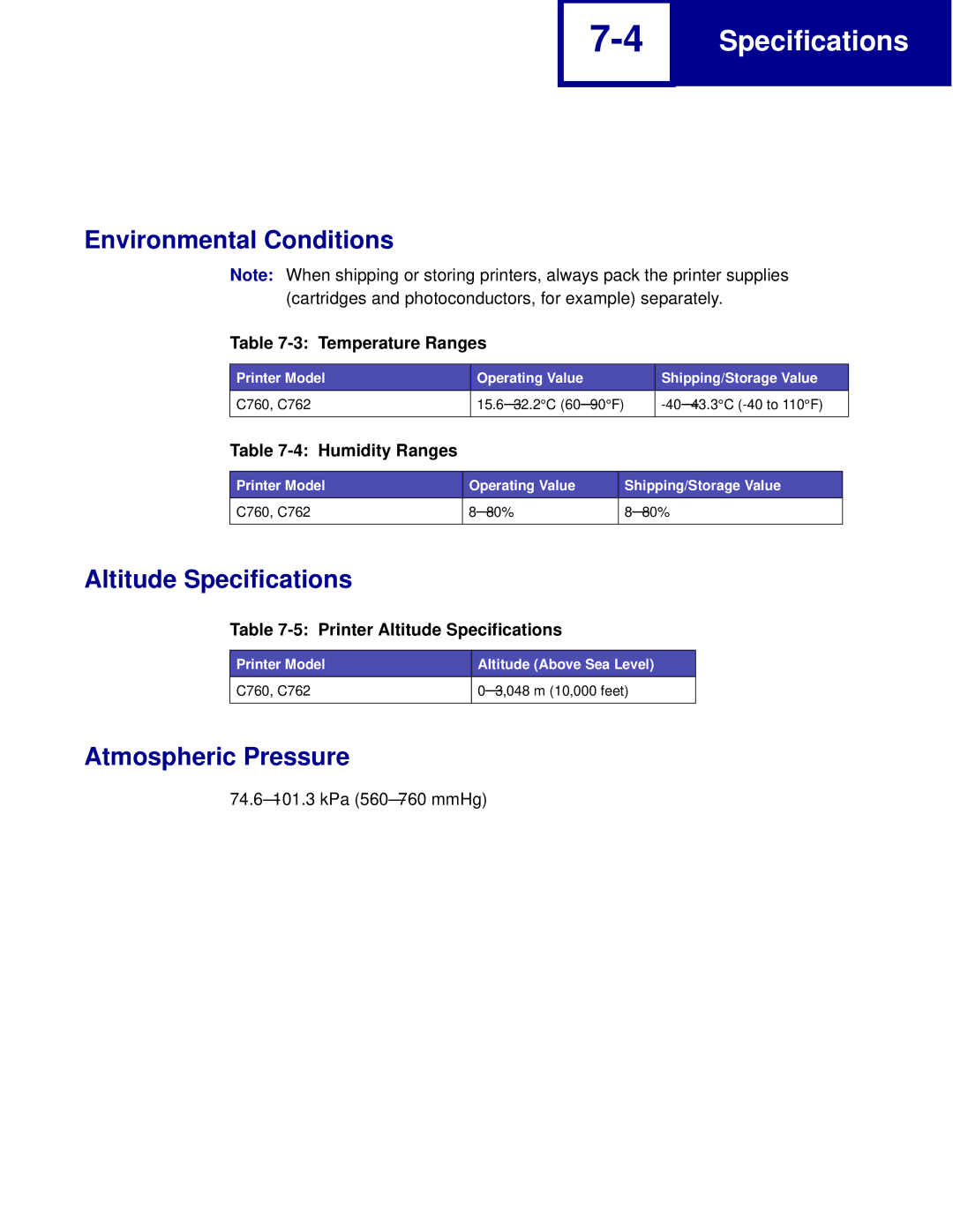 Lexmark C760, C762 manual Environmental Conditions, Altitude Specifications, Atmospheric Pressure 