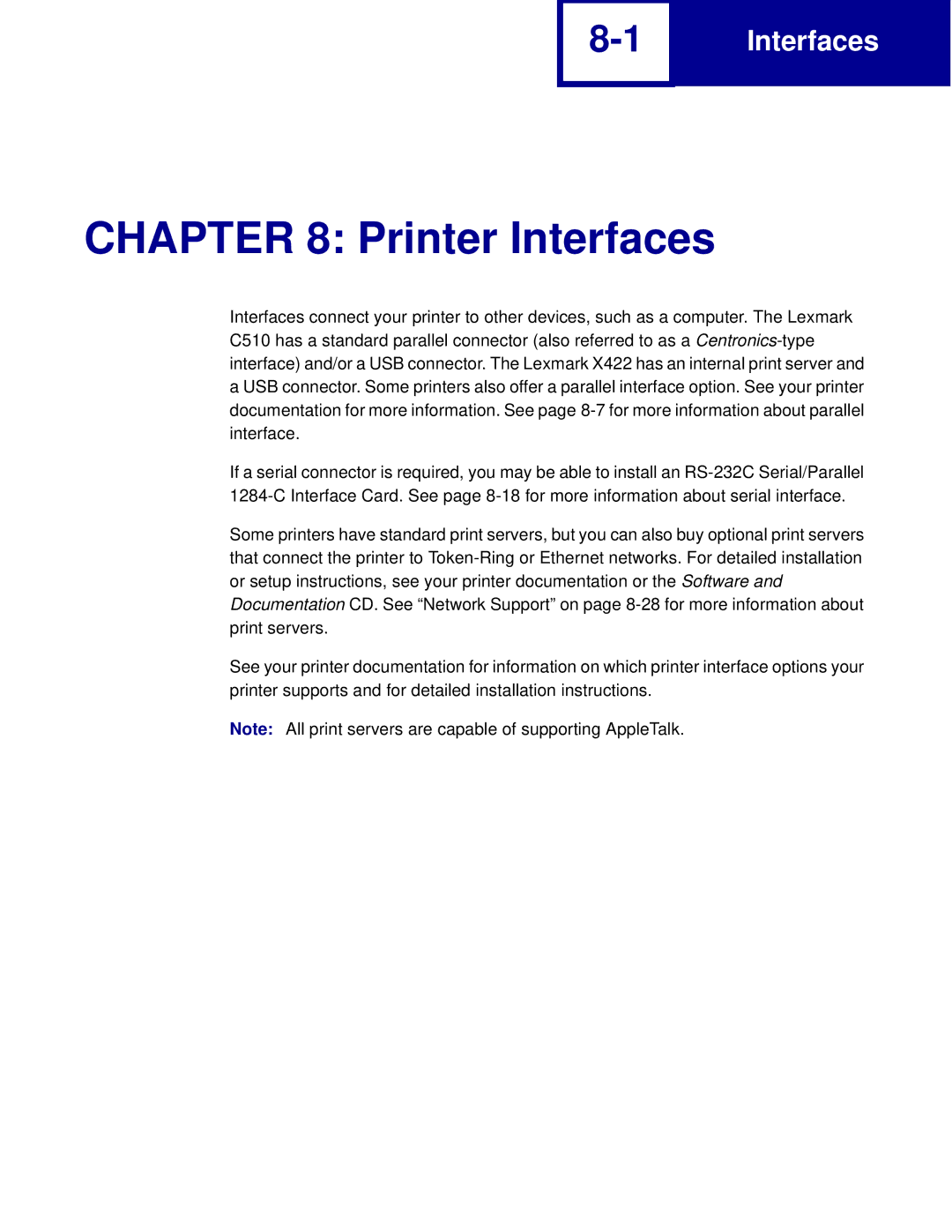 Lexmark C762, C760 manual Printer Interfaces 