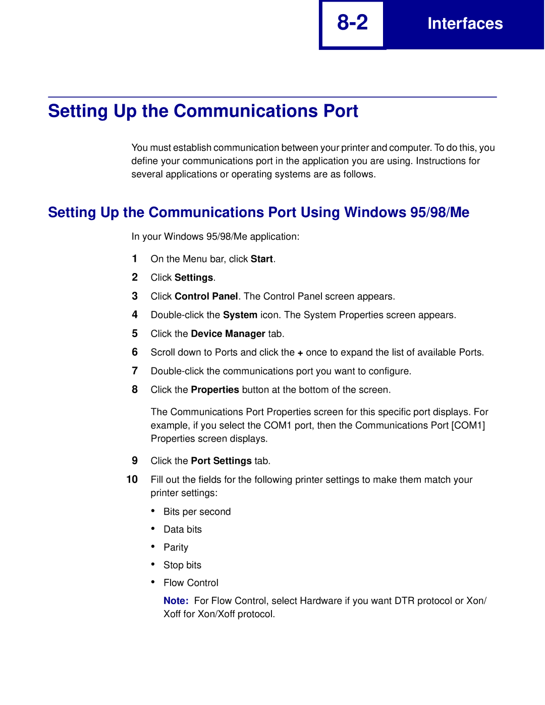 Lexmark C760 Setting Up the Communications Port Using Windows 95/98/Me, Click Settings, Click the Device Manager tab 