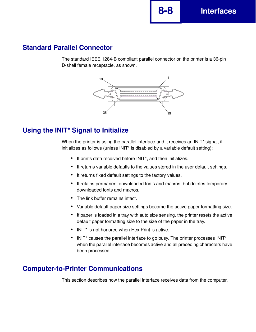 Lexmark C760, C762 Standard Parallel Connector, Using the INIT* Signal to Initialize, Computer-to-Printer Communications 