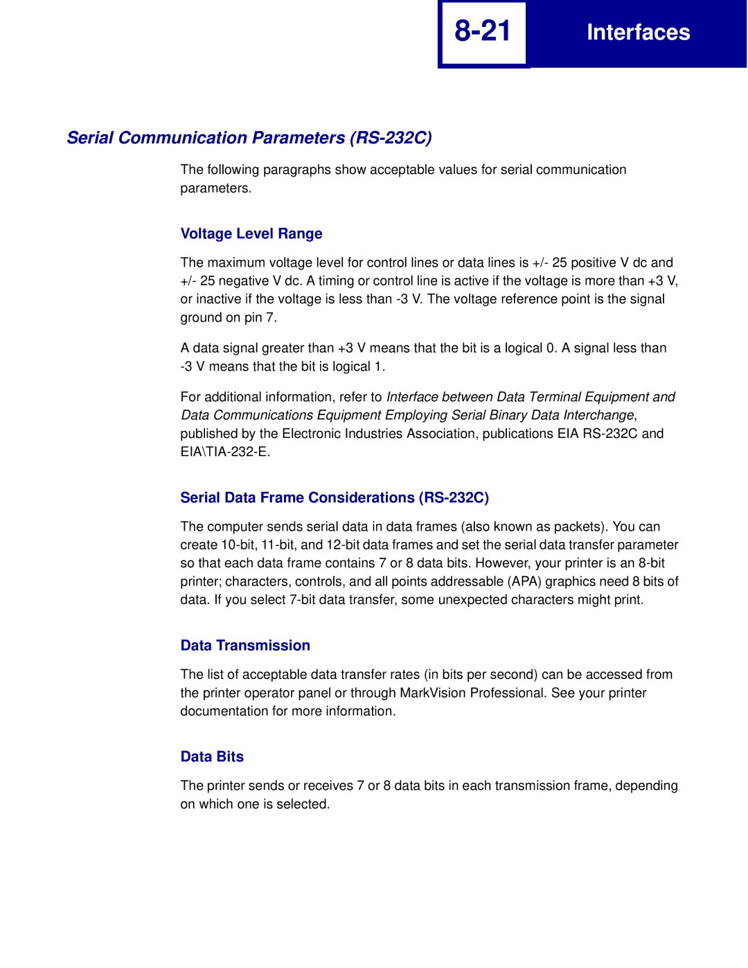 Lexmark C762, C760 manual Serial Communication Parameters RS-232C, Voltage Level Range 